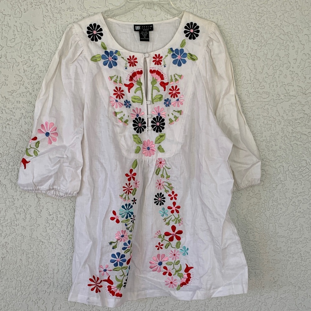 Carole Little White Linen embroidered Blouse size 1X